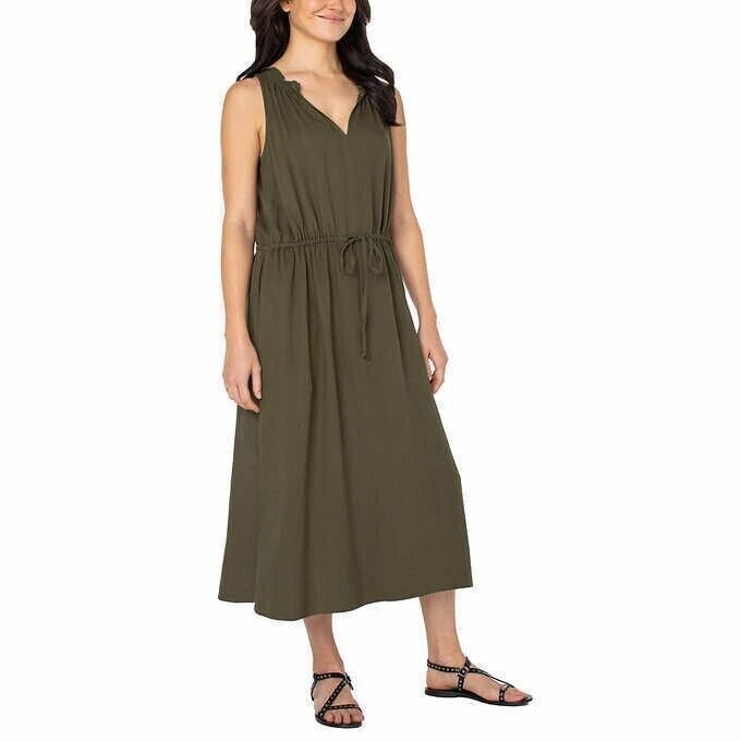 Well Worn Ladies V Neck Linen Blend Sleeveless Dress Green Midi B24