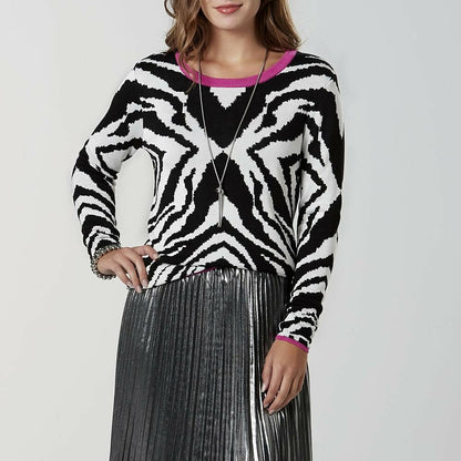 NWT  Simply Styled Women's Jacquard Sweater large Zebra black hot pink L0