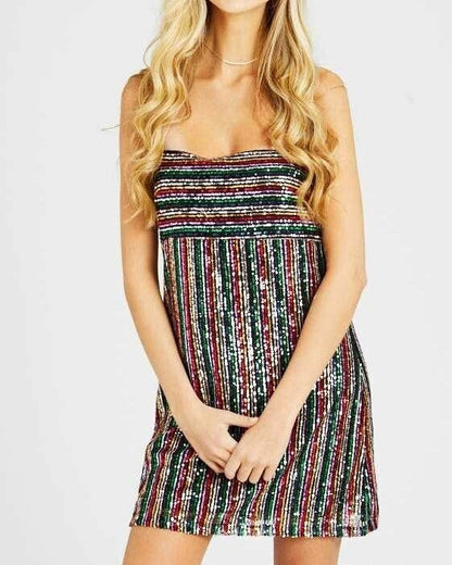 Women Trixxi Junior's Rainbow Sequin stripe Holiday S Braelynn Mini Dress small0