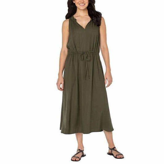 Well Worn Ladies V Neck Linen Blend Sleeveless Dress Green Midi B20