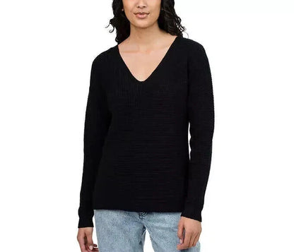 Kersh Womens V-Neck Long Sleeve Merino Wool Blend Pullover Sweater Black J41