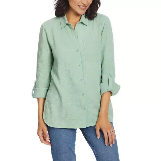Anne Klein Jeans Women's Gauze Roll Tab Sleeve Button Down Shirt0