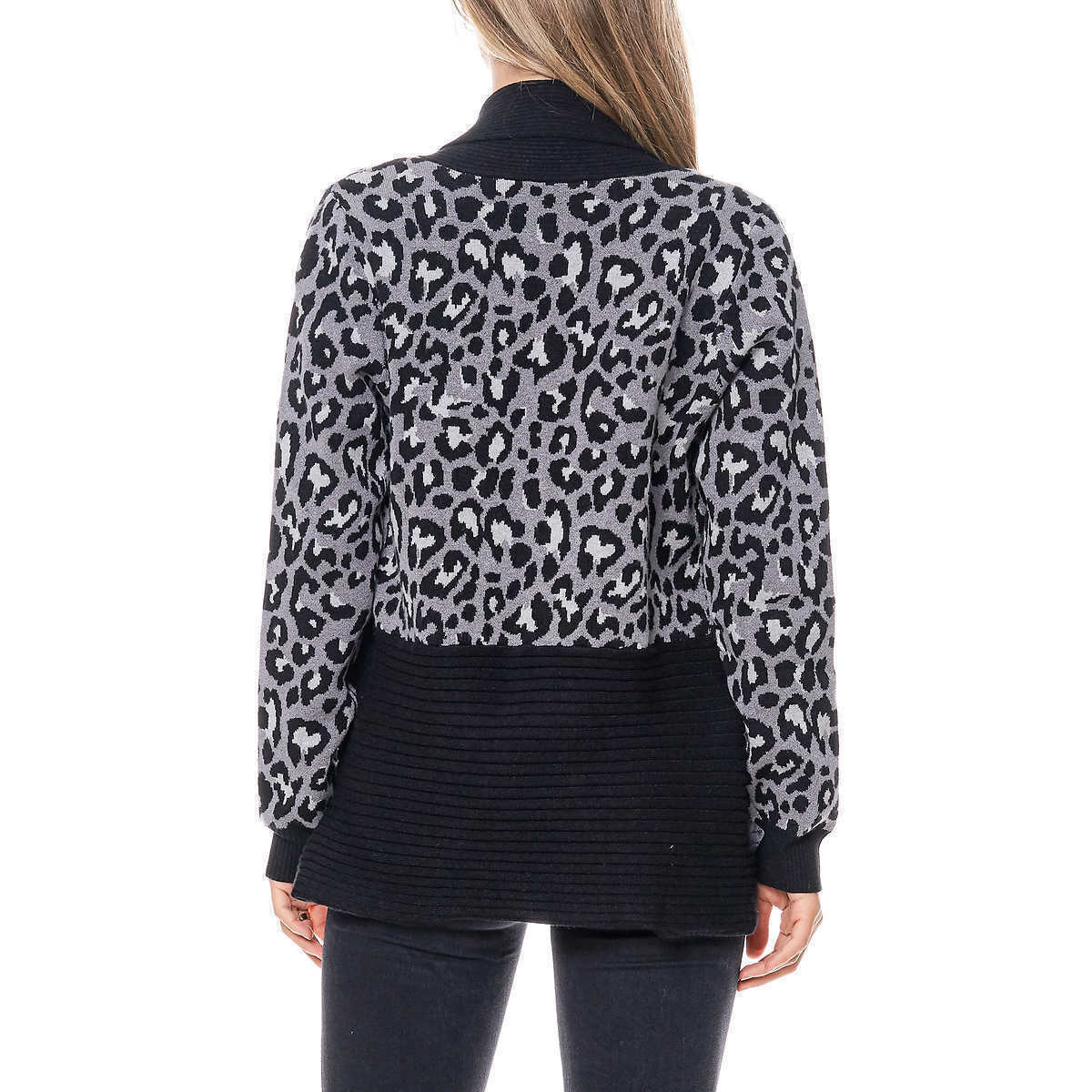 New Fever Women's Waterfall Cozy Relaxed Cardigan Grey Leopard Sz Small2