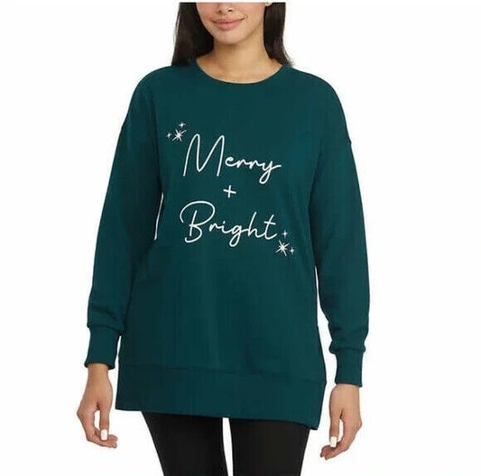 Ellen Tracy Women Large Dark Green Merry + Bright Christmas Crewneck Sweater0