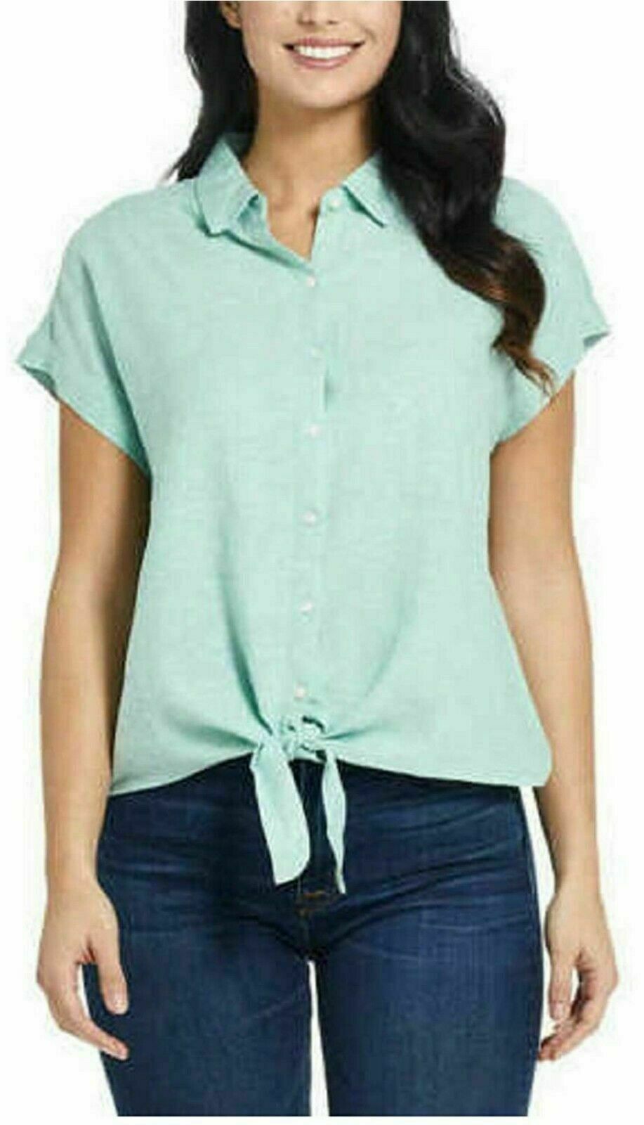 New Women Weatherproof Vintage Green Solid Washable Linen Top Shirt XL0