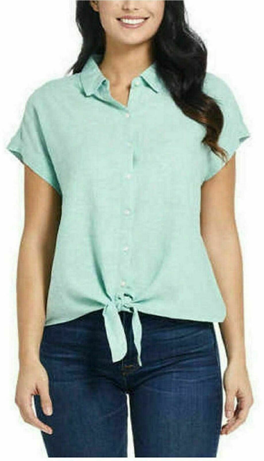New Women Weatherproof Vintage Green Solid Washable Linen Top Shirt XL0