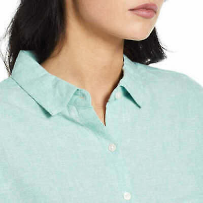 New Women Weatherproof Vintage Green Solid Washable Linen Top Shirt XL2