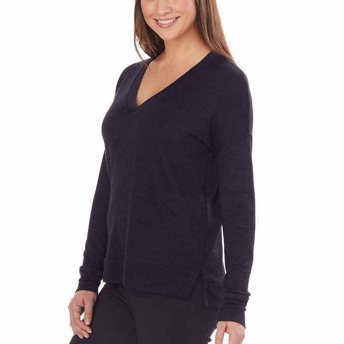 New Women Kirkland Signature Ladies Long Sleeve V Neck Top Small Navy Marled S1