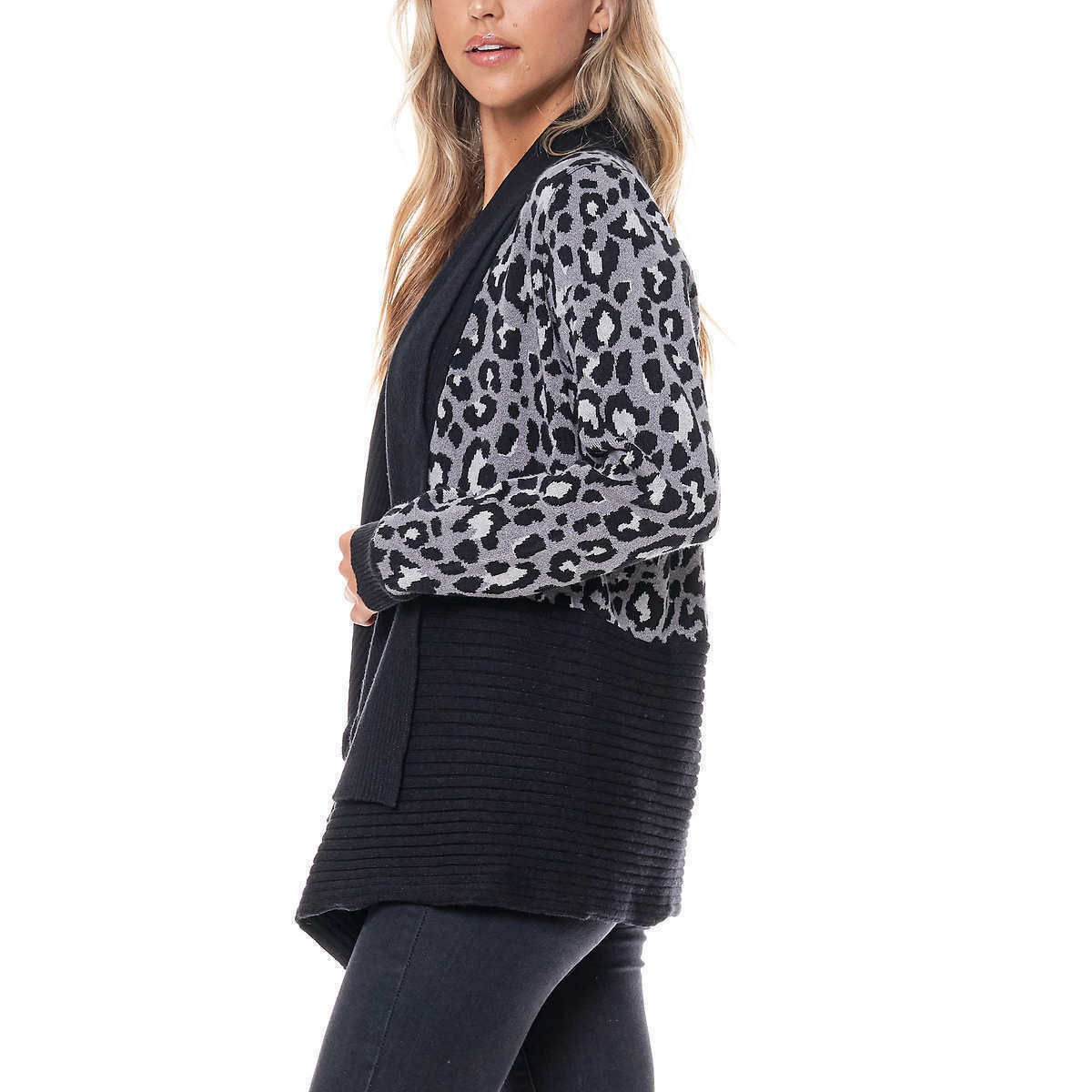 New Fever Women's Waterfall Cozy Relaxed Cardigan Grey Leopard Sz Small1