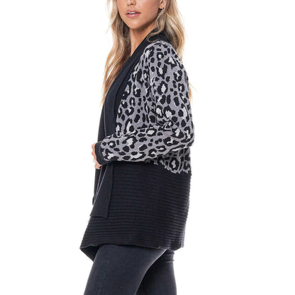 New Fever Women's Waterfall Cozy Relaxed Cardigan Grey Leopard Sz Small1