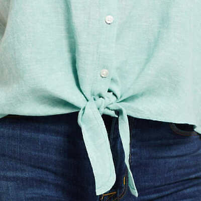 New Women Weatherproof Vintage Green Solid Washable Linen Top Shirt XL3