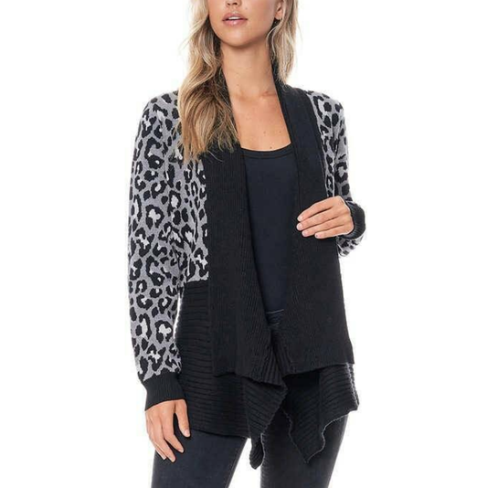 New Fever Women's Waterfall Cozy Relaxed Cardigan Grey Leopard Sz Small0
