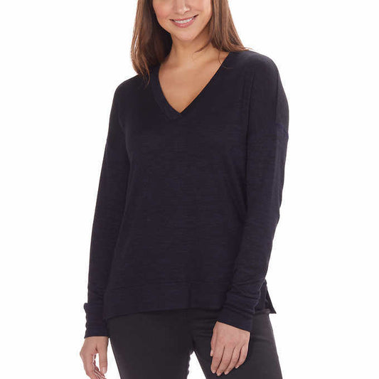 New Women Kirkland Signature Ladies Long Sleeve V Neck Top Small Navy Marled S0